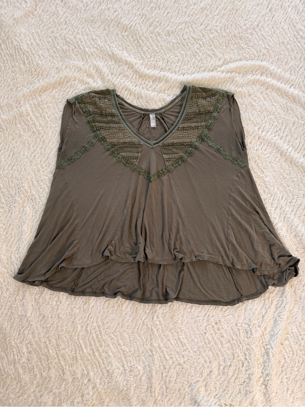 Free People Olive Lace Trim V-Neck Blouse